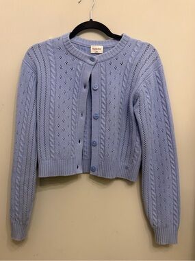 Aritzia Sunday Best Light baby Blue Cable Knit Cropped Cardigan Sweater